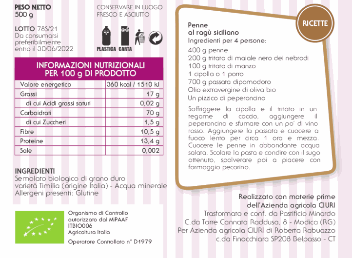 Pasta di Timilia Penne rigate - 500 g