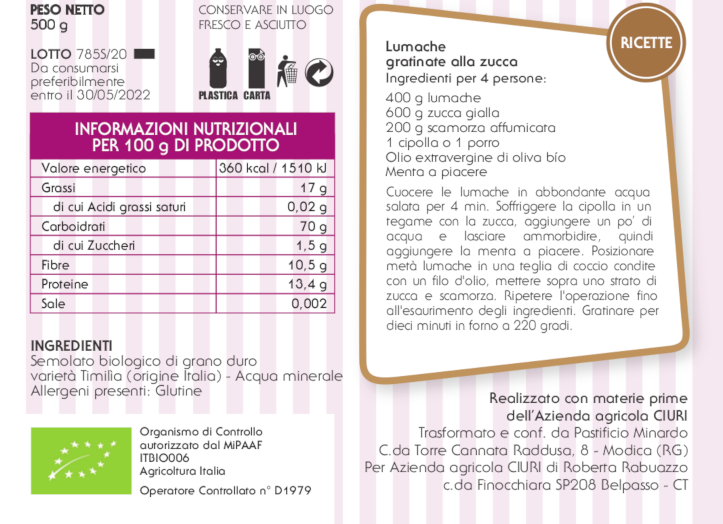 Pasta di Timilia Lumache - 500 g