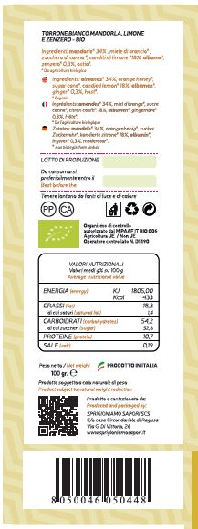 Torrone bianco di mandorla limone e zenzero Barretta da 100 gr