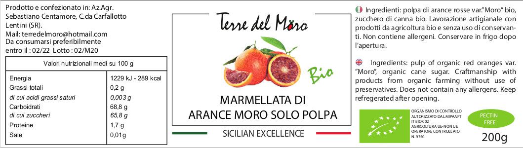 12 X MARMELLATA DI ARANCE MORO SOLO POLPA Vaso da  200 g