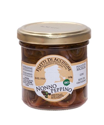 Filetti di acciughe all olio EVO Bio arrotolati con capperi - 160g